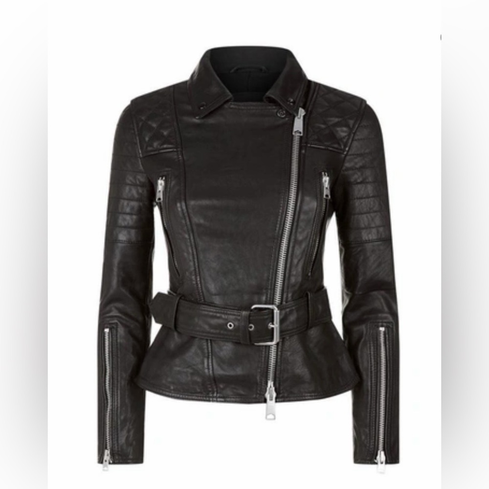 All Saints Bryden Biker Black Leather Jacket, size 6, NWT